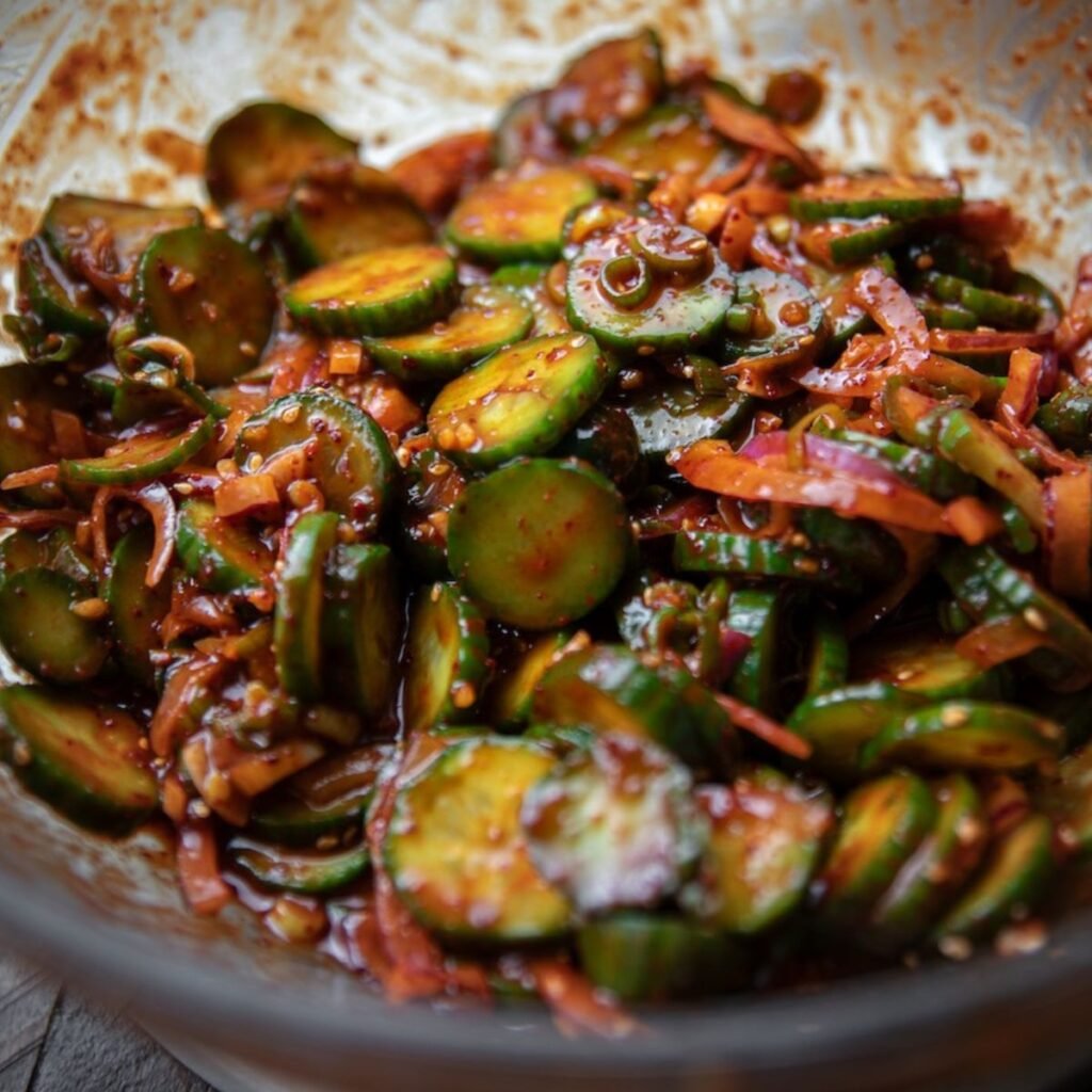 A close-up of a bowl filled with spicy cucumber salad—sliced cucumbers, shredded carrots, red onions, and chili sauce—all coated in a flavorful dressing. Perfect for your next meal or as inspiration from our latest Book PreOrder.