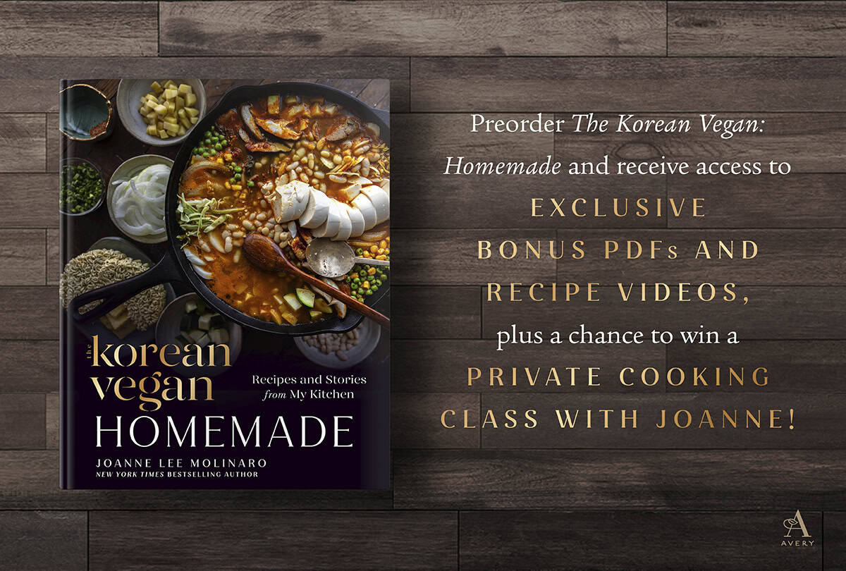 A cookbook titled Korean Vegan Homemade sits on a wooden table. Next to it, gold text promotes preorder rewards: exclusive PDFs, videos, and a chance to win a private cooking class with author Joanne Lee Molinaro.