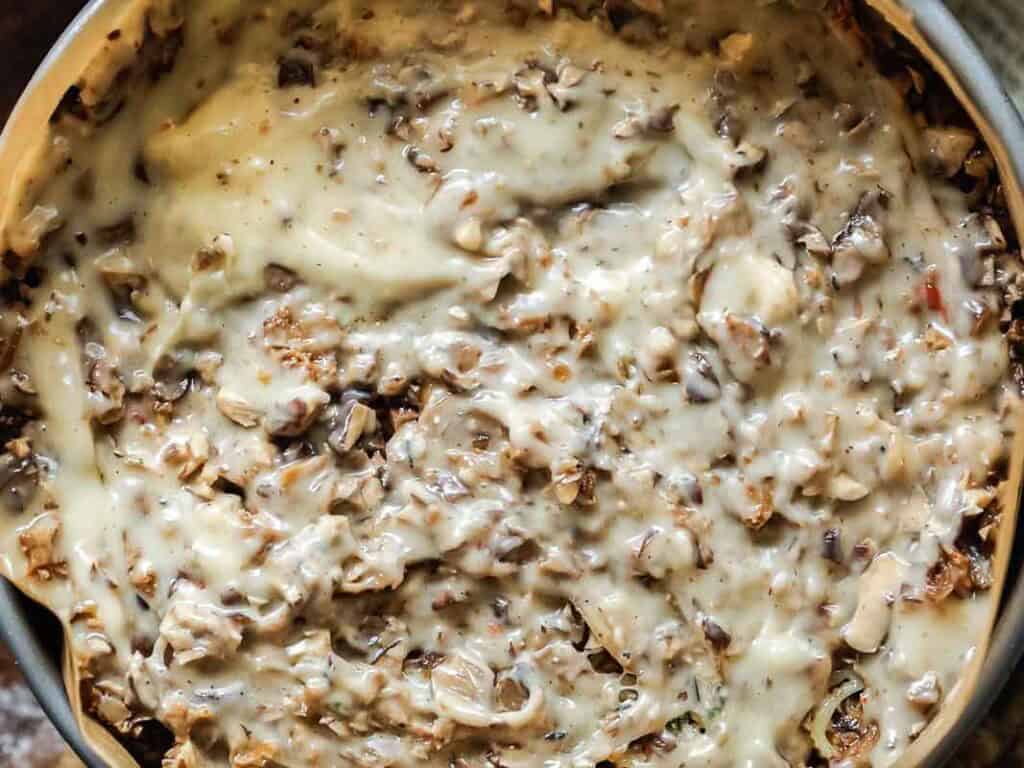 mushroom béchamel layer in rigatoni pie.