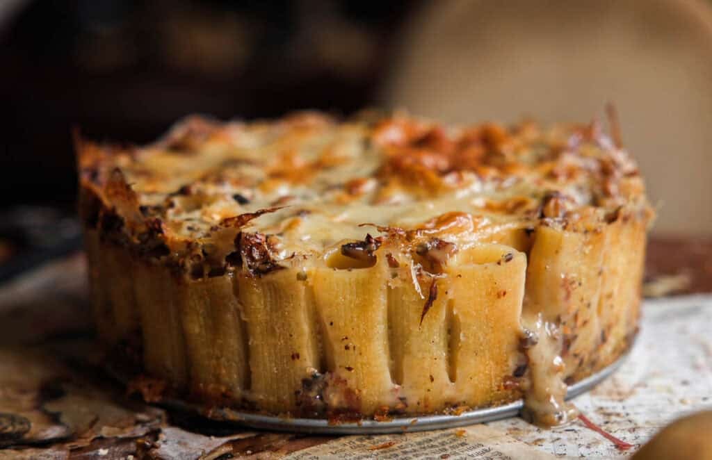 cheesy mushroom rigatoni pie.