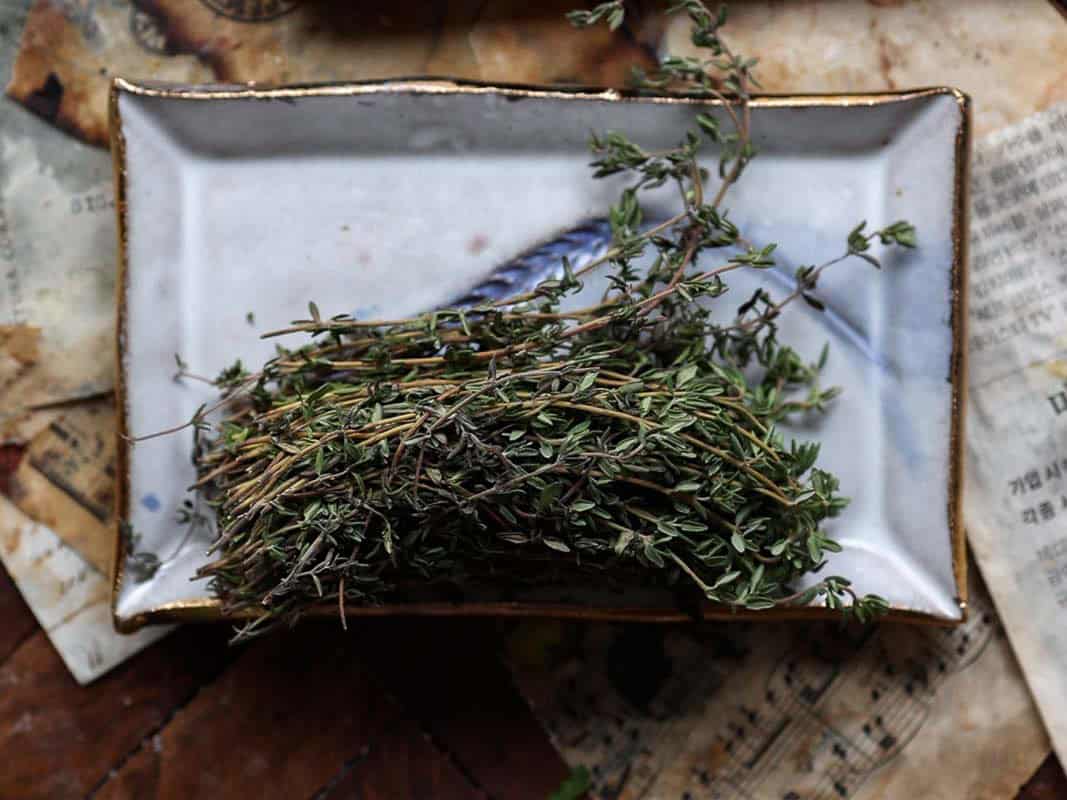 Easy Vegan Lemon Loaf Recipe - Better Than Starbucks 3 A bundle of dried thyme rests on a rectangular ceramic plate with a blue design, placed atop vintage papers and sheet music—the perfect inspiration for baking a vegan lemon loaf.