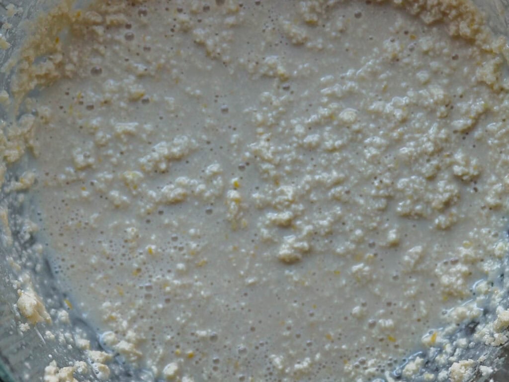 Delicious and Easy Vegan Lemon Poppyseed Muffins. 14 Close-up of a bowl containing a lumpy, pale batter or dough mixture, with visible grains and a wet, textured surfaceโperfect for making vegan lemon poppyseed muffins.