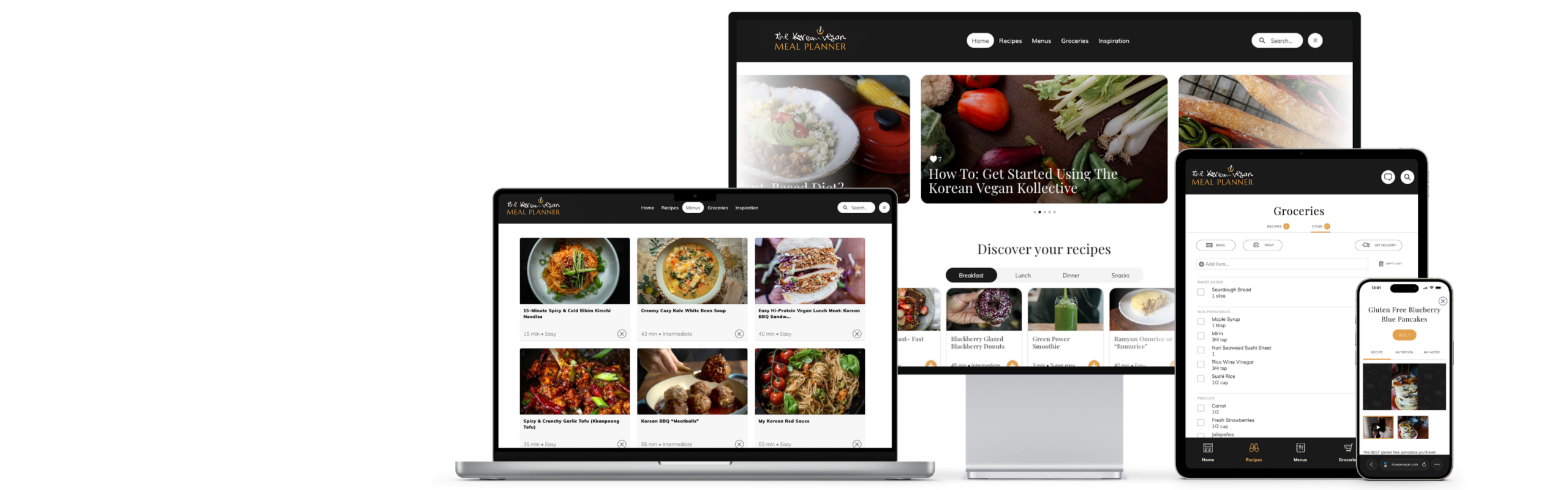 TKV Kollective 1 A responsive Meal Planner 2026 website is displayed on a laptop, desktop monitor, tablet, and smartphone, showing recipes, articles, and a grocery list on clean, modern interfaces.