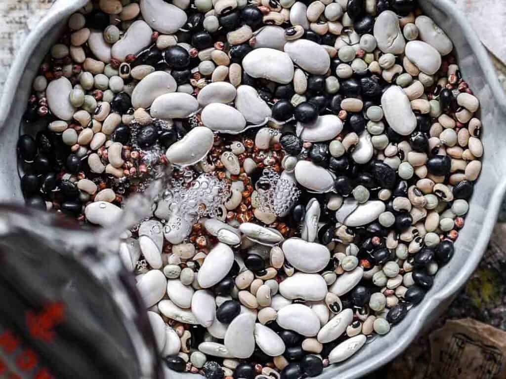 Gut Healthy Korean Multigrain Rice - Japgokbap (잡곡밥) 7 A bowl filled with various dry beans and lentils, essential for Korean Multigrain Rice (Japgokbap), is being soaked with water poured from a measuring cup—a gut healthy start to any meal.