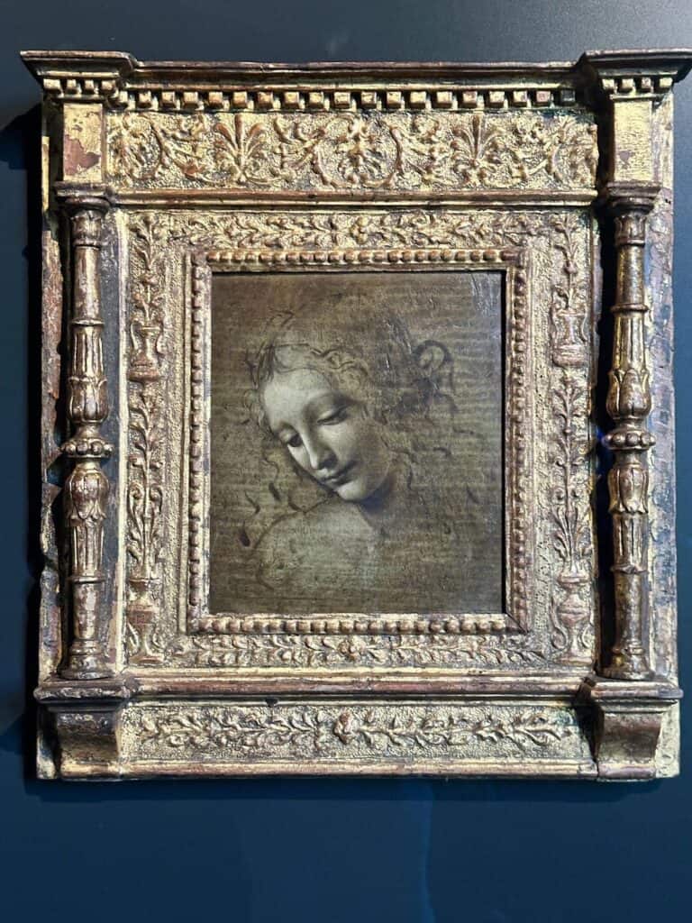 A framed artwork featuring a delicate drawing of a young woman's face, looking downward and slightly smiling, in an ornate, gold, carved Renaissance-style frame against a dark background—evoking the timeless elegance of Da Vinci in Parma, Italy.