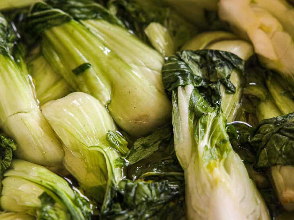 BEST Baby Bok Choy Kimchi Recipe - Easy & Delicious 3 Several fresh bok choy heads, partially submerged in water, with vibrant green leaves and pale stalks visible up close—perfect for making homemade bok choy kimchi.