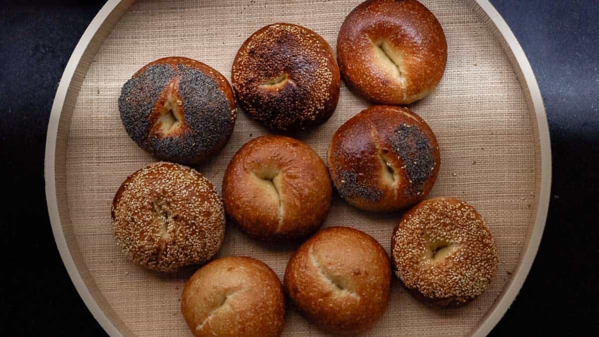 How My Bagels Triggered The Sexist In Me. 9 A round tray holds nine NY style bagels, some topped with seeds like poppy and sesame, and others plain. The bagels have a golden-brown crust and are arranged in a loose grid.