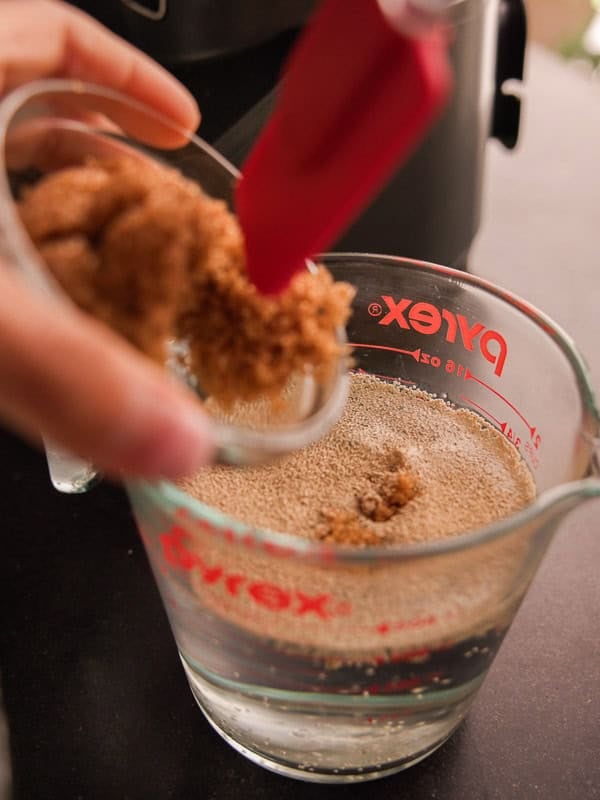 How to Make Delicious NY Style Bagels - Step by Step Guide. 16 A hand uses a red spatula to add brown sugar from a measuring cup into a Pyrex glass filled with water and yeast, beginning the essential steps for making authentic NY style bagels.