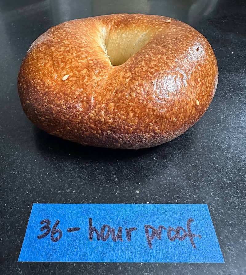 How My Bagels Triggered The Sexist In Me. 6 A single bagel sits on a dark countertop above a blue label reading 36-hour proof, showcasing the meticulous craft that sets artisanal bagels apart.