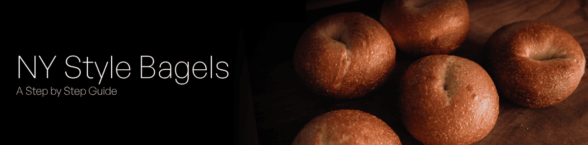 Five golden-brown bagels on a wooden surface next to the text: NY Style Bagels: A Step by Step Guide, featured on a bold Recipe Banner against a black background.